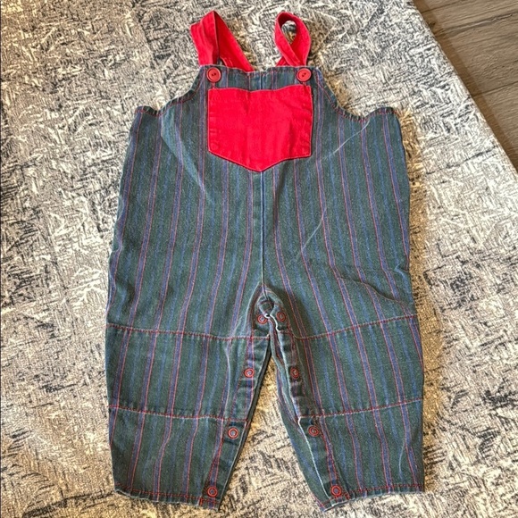 Vintage railroad stripe Overalls with Red Accents - size 18 months - Picture 1 of 6